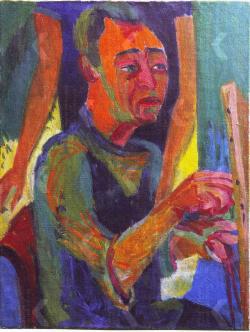 zijaanzicht, naar rechts kijkend, zittend aan schildersdoek, de linkerhand zichtbaar, mouw opgestroopt