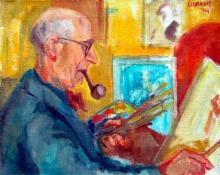 borststuk, hoofd en lichaam naar rechts (profil), kalend, met bril en pijp in de mond