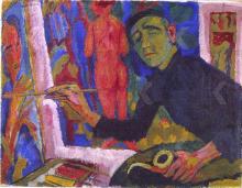 in atelier; zittend achter schildersezel met penseel in de rechterhand, alpinopetje, zwarte coltrui, pijp in de linkerhand